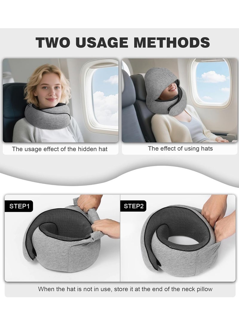 Portable Travel Neck Pillow with Foldable Hood, 360° Ergonomic Support, Windproof Design, Memory Foam, Eye Mask & Ear Plugs, Washable Cover – Light Grey - Image 5